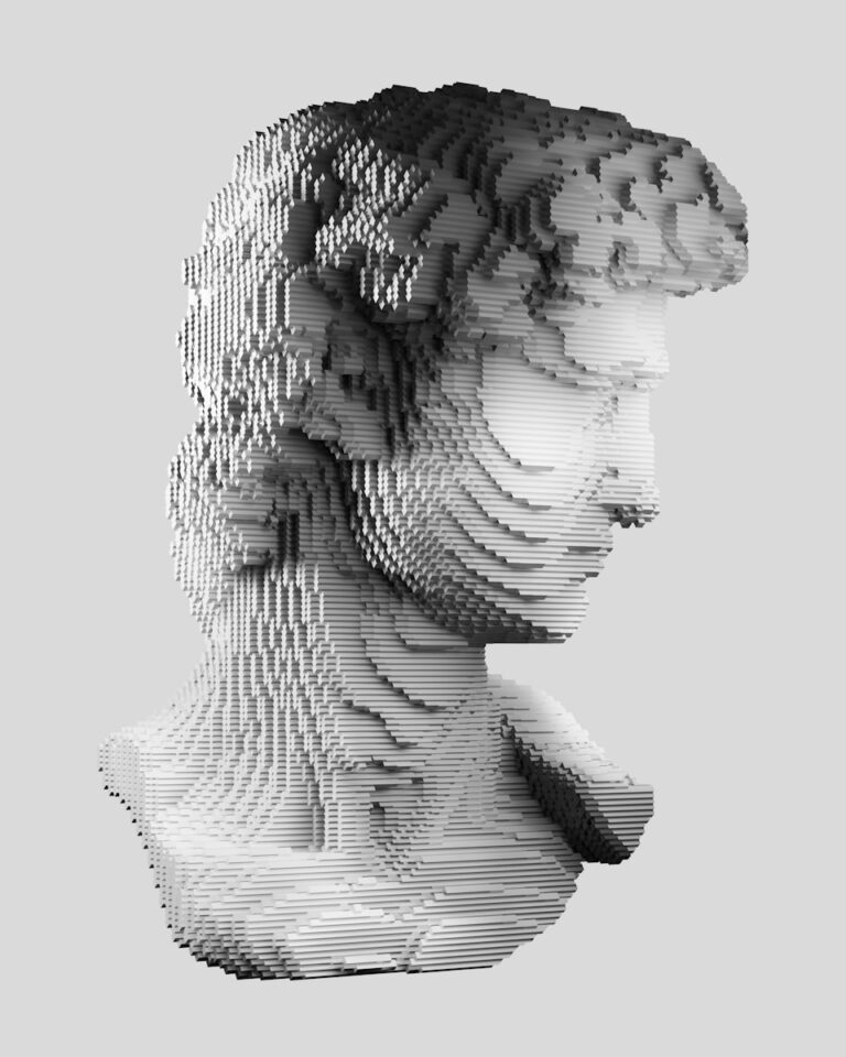 A black and white photo of a woman's head